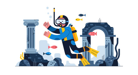 Adventurous Diver Explores Ancient Underwater Ruins Amidst Marine Life Abundance