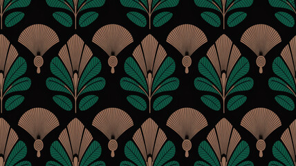 Seamless Art Deco pattern, black background, emerald green palm leaves, tan sunburst fans, symmetrical geometric 1920s style, luxurious wallpaper textile design.