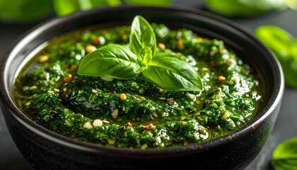 Pesto sauce in a dark bowl, adorned with basil leaves, presented in close-up with vibrant colors on a dark surface