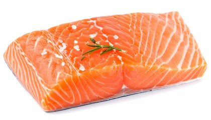 Raw salmon fillet topped with salt crystals and a small rosemary sprig against a stark white background