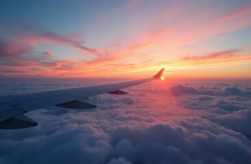 an airplane wing against the sky with the setting sun