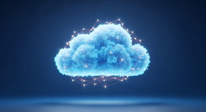 Abstract cloud computing concept with glowing network connections, symbolizing data storage, online services, and digital technology