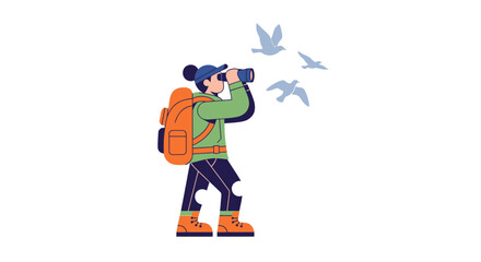 Adventurous Explorer Observing Flying Birds Through Binoculars In Nature or Outdoor