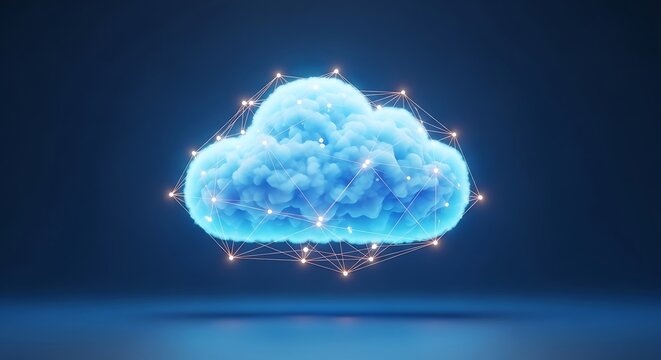 A luminous cloud hovers against a deep blue backdrop, surrounded by a network of glowing dots, symbolizing data storage and connectivity in the digital age