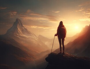 Hiker stands on a rocky summit watching a majestic mountain at sunrise.