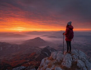 Hiker watches vibrant sunset over misty mountain landscape.