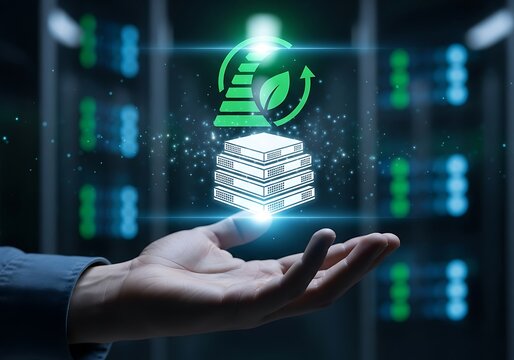 Green energy data center concept with hand holding server and leaf icon, representing sustainable technology, renewable resources, and environmental responsibility