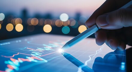 A hand uses a stylus on a tablet displaying a stock market chart, with city lights blurred in the background, representing financial analysis and investment
