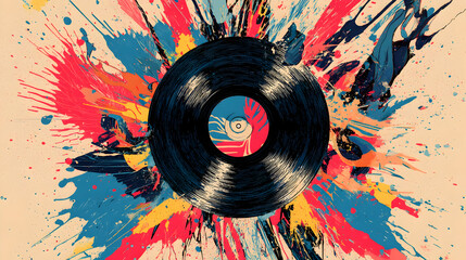 Dynamic music artwork featuring vinyl record amidst colorful paint explosion for artistic decor
