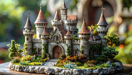 Miniature stone castle with turret roofs and a courtyard, surrounded by flowers and greenery on a sunny surface