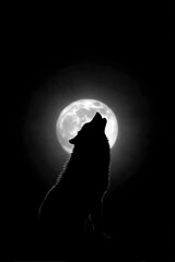 Silhouette of a wolf howling at a bright full moon.