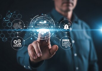 Man using digital interface for predictive maintenance, optimizing equipment performance, preventing failures, and reducing downtime, ensuring operational efficiency and reliability in industry