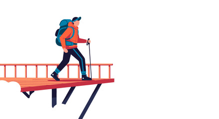 Fototapeta premium Adventurous Hiker on a Wooden Bridge with Backpacks and Hiking Poles Against Dark Background