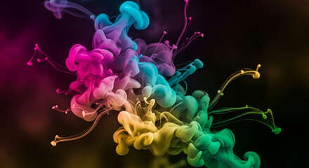 Rainbow ink swirls in water, vibrant fluid abstract motion art