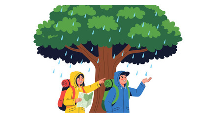 Fototapeta premium Adventurous Explorers Seeking Shelter Under A Verdant Canopy During A Rainfall