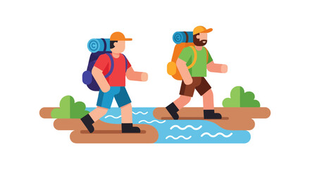 Adventurous Explorers Traversing a Stream in Scenic Nature Illustration  Design