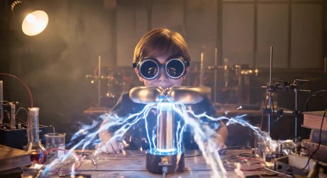 An experimenter wearing protective goggles watches a powerful science demonstration with a Tesla coil generating electricity and light.