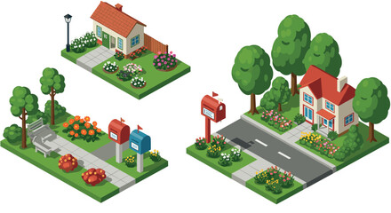Naklejka premium Cozy neighborhood with houses and gardens in isometric design