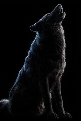 Dark wolf howls mournfully at the moonlit sky on black background.