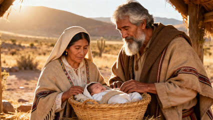 Elderly couple admiring baby in basket during sunset in desert - Concept of new year  