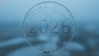 Frosted window featuring the year 2026 amid winter ambiance  