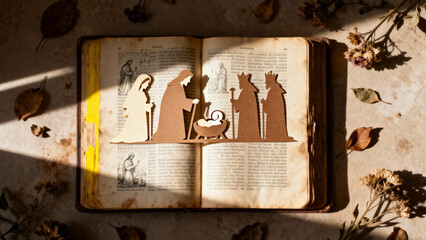 Nativity scene silhouette on open book surrounded by autumn leaves  