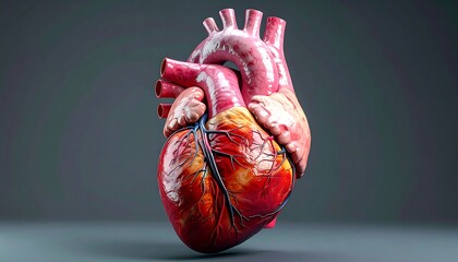 Realistic heart model shows intricate textures and colors on gray background