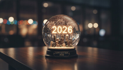 Snow globe displaying 2026 with festive decorations in the background  