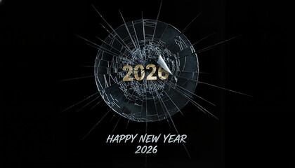 Shattered clock face with Happy New Year text and 2026 in gold  