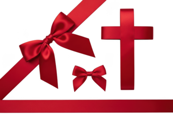Red ribbon bows and cross isolated on transparent background