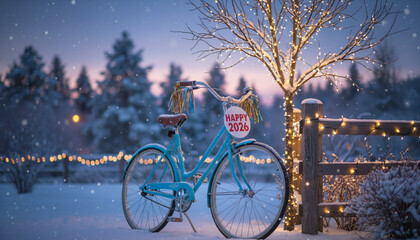Blue bicycle with Happy New Year sign in snowy winter setting  