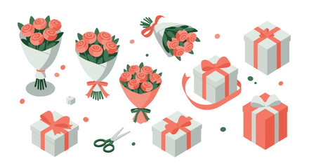 Elegant gift and flower arrangement with roses and wrapped presents in isometric style