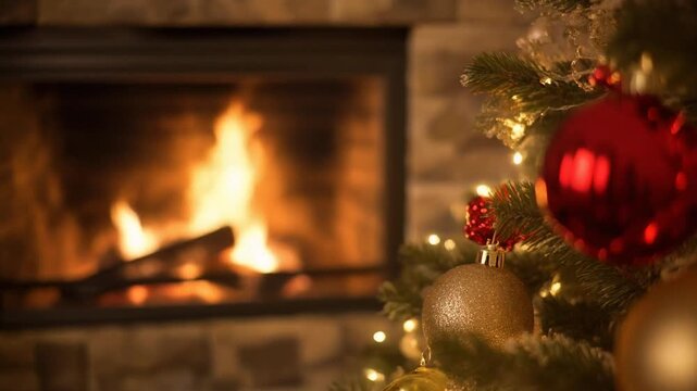 暖炉の温かい光に照らされ、ゆっくりと近づく豪華なクリスマス飾りと炎の光