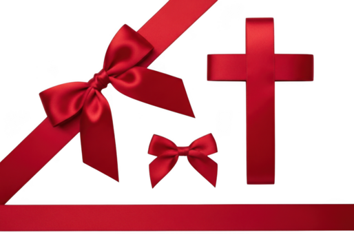 Red ribbon bows and cross isolated on transparent background