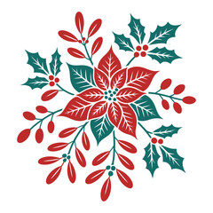 Fototapeta premium Festive Botanical Embellishment: A vibrant arrangement of poinsettia and holly leaves and berries in a sophisticated botanical design. A perfect holiday aesthetic.