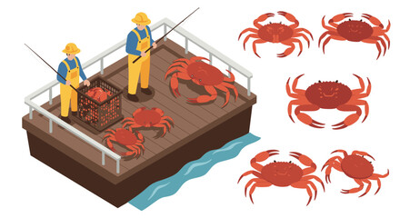 Isometric fishermen engaged in crab catching detailed dock and ocean imagery