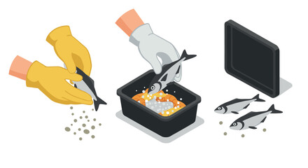 Isometric fish preparation and cooking process with hands and ingredients