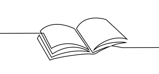 Open book outlines with clean, continuous black one line with pages spread for education, books shop, online learning