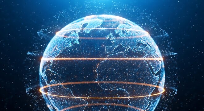 Abstract globe with glowing rings and dots futuristic technology concept with a global network connection digital earth with data streams and particles
