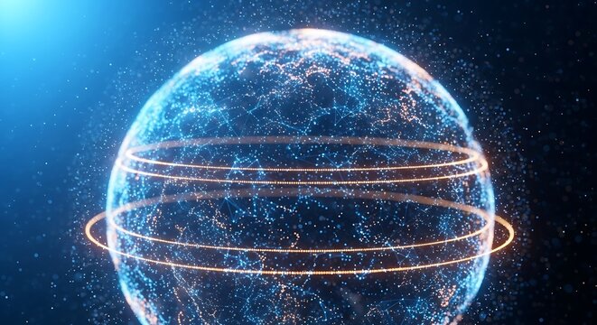 Abstract globe with glowing rings and dots futuristic technology concept with a global network connection digital earth with data streams and particles