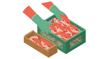 Isometric fish market scene with colorful fresh fish in wooden and plastic boxes