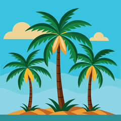 Tropical palm tree pattern with sunset colors and beach background