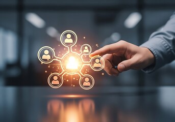 A businessman is demonstrating the social network and communication concept with glowing icons representing people connected in a network, symbolizing collaboration and teamwork