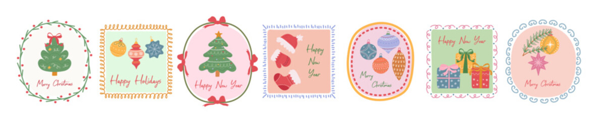 Christmas and New Year holiday stickers, mini cards, or badges with holiday symbols for a winter greeting card.