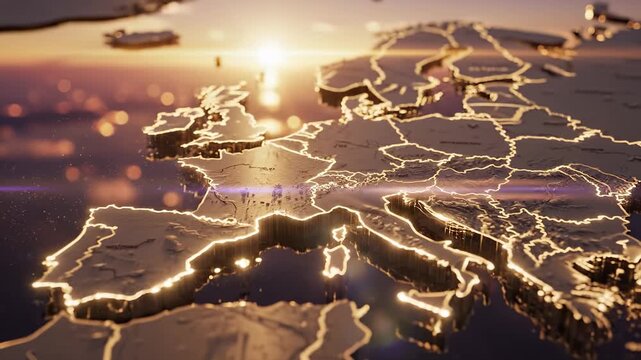 A detailed 3D map of Europe is illuminated by warm sunset light, showcasing the contours of various countries. This stunning scene emphasizes the beauty of geography and cartograph