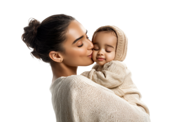 Mother kissing her baby gently on the cheek on a transparent background, cut out