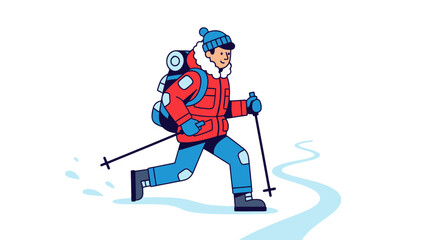 Fototapeta premium Adventurous Hiker Walking Snowy Path During Winter Season In Vibrant Illustration