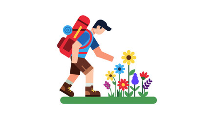 Obraz premium Adventurous Traveler Hiking Through Meadow Admiring Blossoming Flora's Exquisite Display