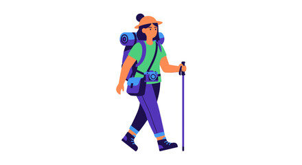 Fototapeta premium Adventurous Hiker Walking With Backpack And Hiking Stick On A Black Background