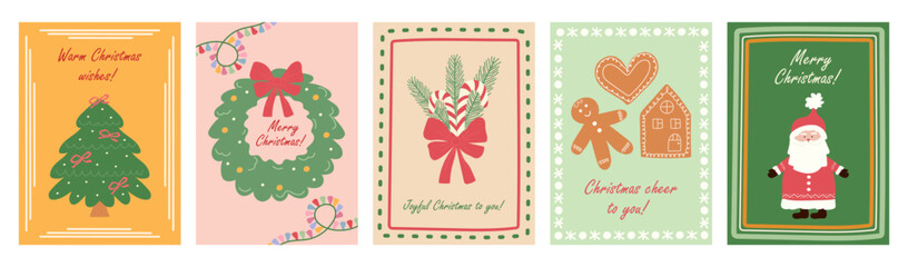 A set of hand-drawn Christmas cards with Santa, a Christmas tree, a gingerbread man, and Christmas wishes.